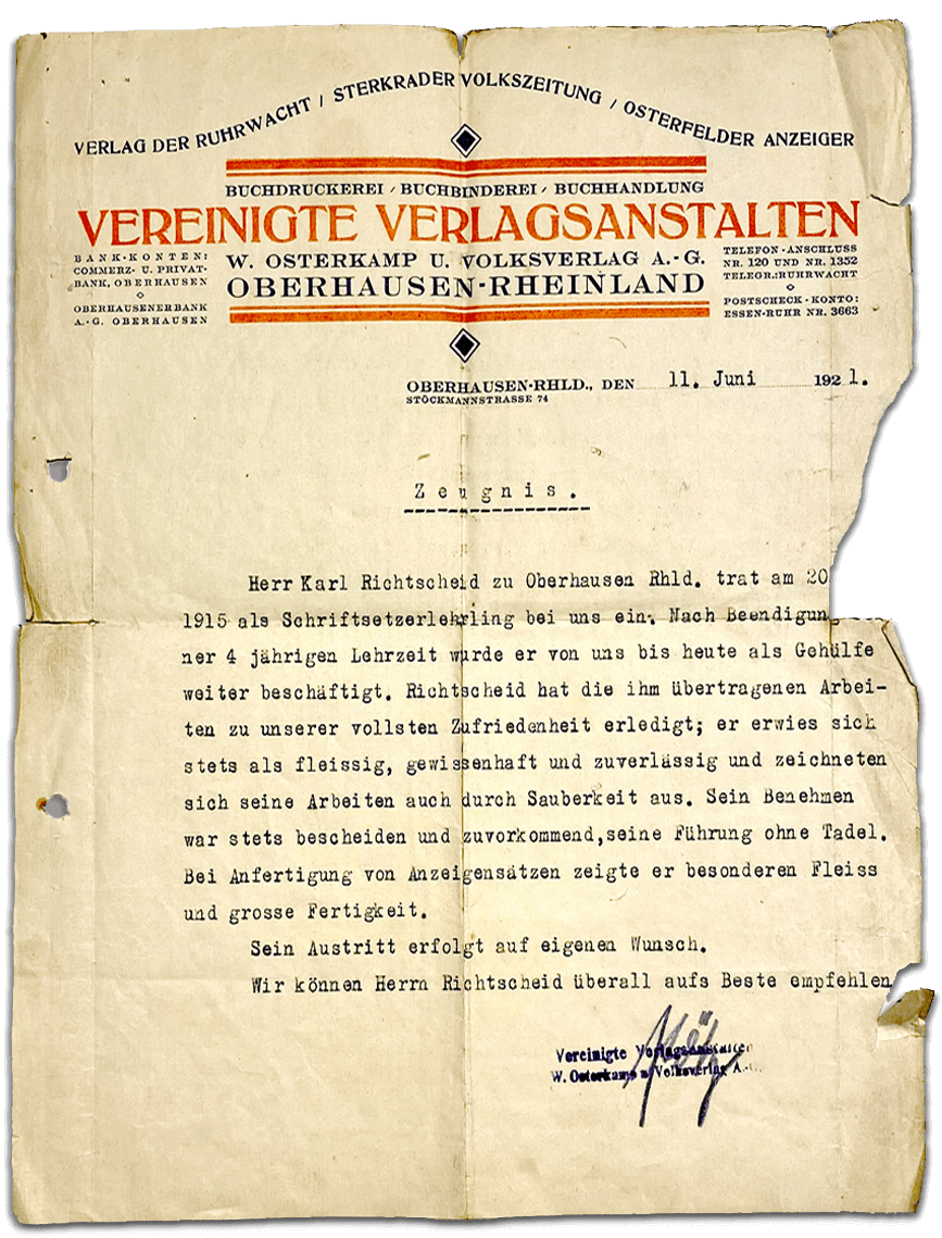 100 zeugnis vva carl richtscheid 1921 neu lr